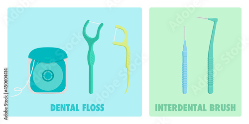 Vector illustration of Dental Flosses and Interdental Brushes.