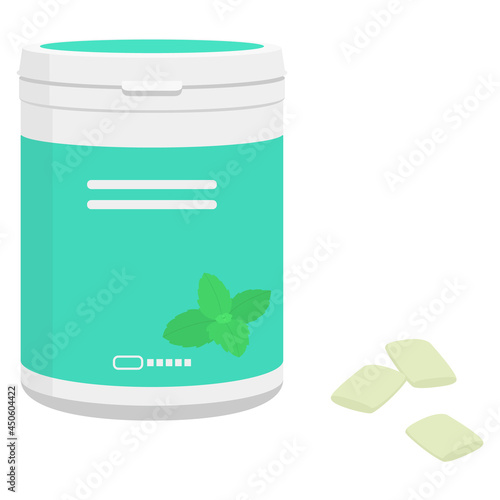 Vector illustration of sugar free mint flavored gum in a bottle isolated on background.