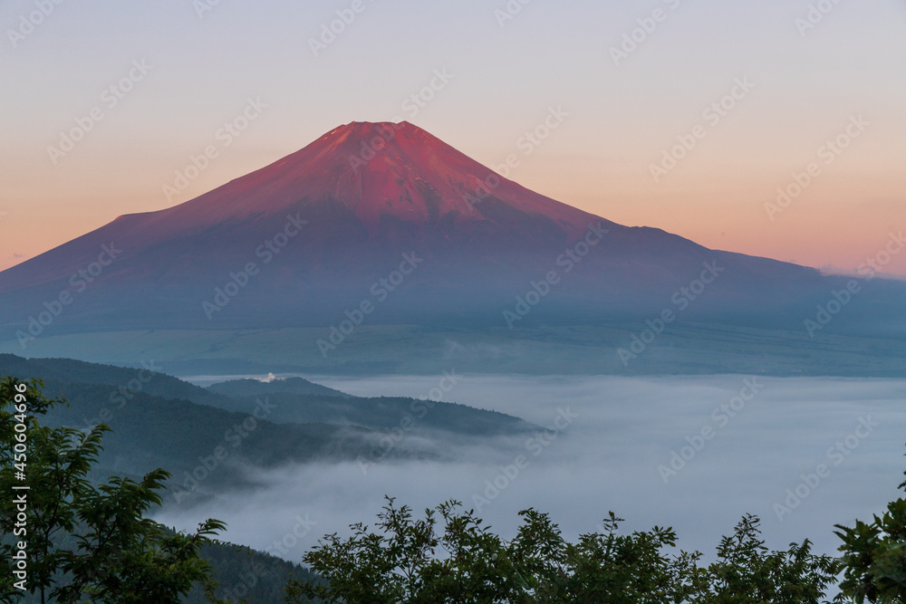 忍野村二十曲峠から夜明けの赤富士