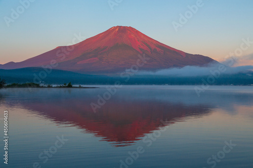 Fototapeta Naklejka Na Ścianę i Meble -  山中湖から赤富士と湖面に映る逆さ富士