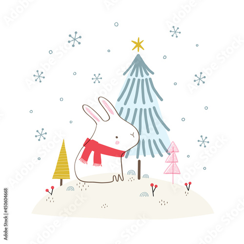 Little bunny with scarf and Christmas tree. Hand drawn vector illustration.