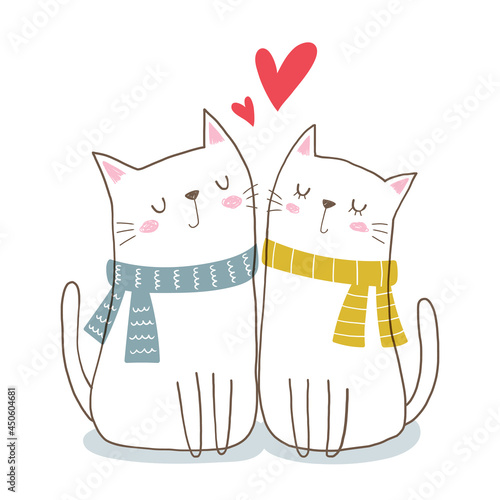 Cute cat couple in love. Hand drawn vector illustration.