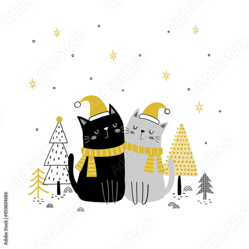 Cute cat couple with Santa hat and scarf in wintery scene. Hand drawn vector illustration.