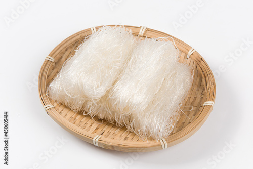 Raw bean vermicelli or dry glass noodles on white background