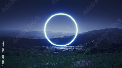 Glowing Blue Light Circle on the Night Foggy Grassland