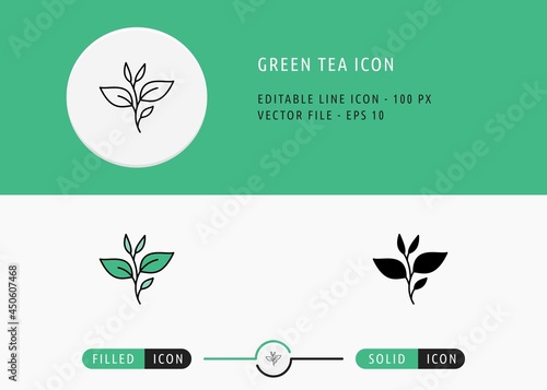 Green tea icons set editable stroke vector illustration. Nature tea leaves symbol. Icon line style on isolated background for ui mobile app, web design, and presentation.