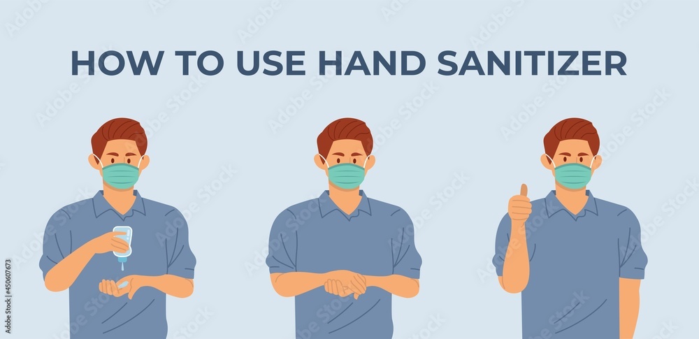 How to use hand sanitizer, Young man with face masks use hand sanitizer gel step by step to clean hands and prevent germs, bacteria and virus. flat style vector illustration. How to use hand sanitizer, Young man with face masks use hand sanitizer gel step by step to clean hands and prevent germs, bacteria and virus. flat style vector illustration.