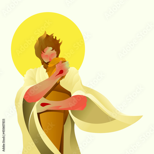 Jesus hugs a boy illustration, Jesus' love Jesus protects a man, Jesus embrace a man