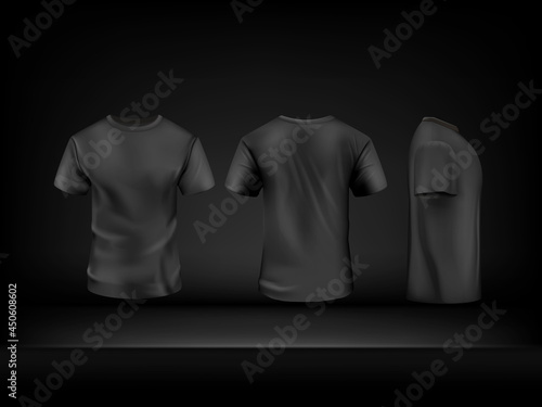 Realistic black t-shirt set on dark background. Vector mockup.