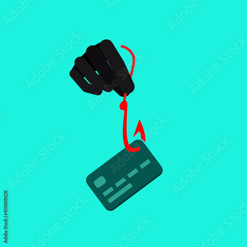 Phishing. Hacking a bank account. Financial online fraud. A hacker attack on a bank card. Cyber crime. The concept of hacker attacks, Internet scam and web protection. Vector 
