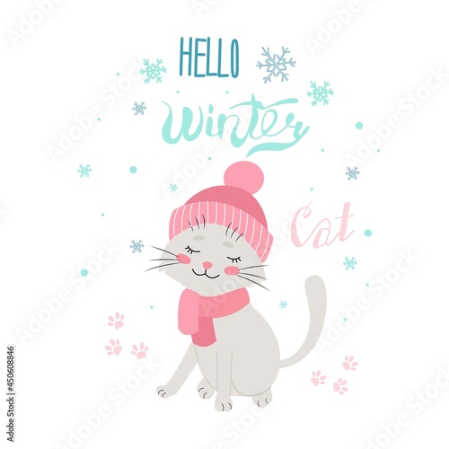 Cat in winter hat, Hello winter, vector illustration. Isolated. Flat design.