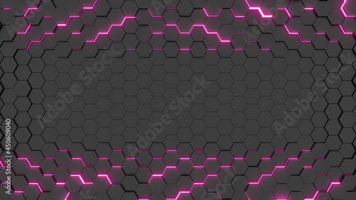 Futuristic glowing magenta hexagonal or honeycomb background. Technology, future and innovation concept. 3D Rendering image