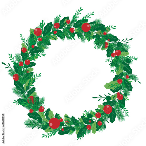 Empty Christmas Fir Wreath with copy space. Pine green branches isolated on white background. Merry Christmas and Happy New Year Concept. Design for Greeting card, wallpaper.Vector illustration.