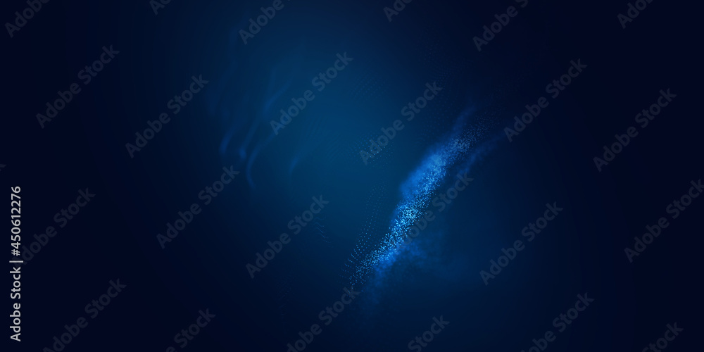 Abstract colorful digital particles wave with bokeh and light background, 3d render wave line dot background, line wave light glowing effect particular background.	