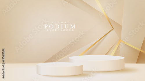 White podium display product and sparkle golden line scene, Realistic 3d luxury style background, vector illustration for promoting sales and marketing.