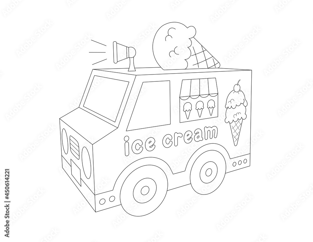 3d street food truck, ice cream van with a big ice cream cone on top, black and white outline illustration. perspective view 3d street food truck, ice cream van with a big ice cream cone on top, black and white outline illustration. perspective view