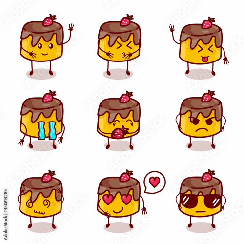 Set Collection Vector Illustration of cute chocolate puddings character with different facial expressions. Good for food content 