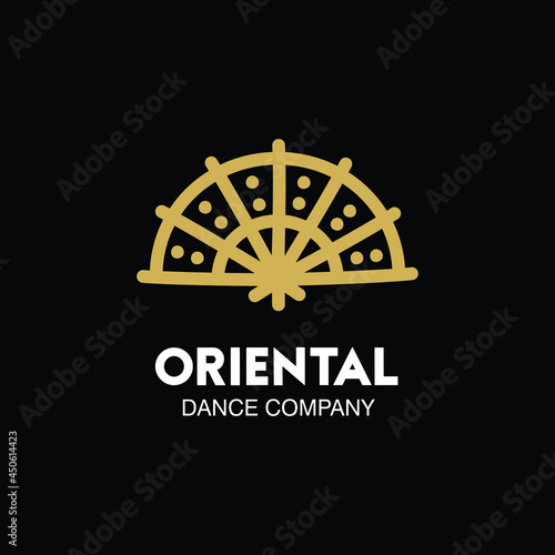 Golden Line Style Open Hand Fan. Traditional Oriental Illustration for Logo