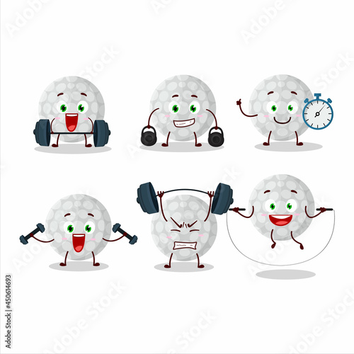 A healthy handball cartoon style trying some tools on Fitness center