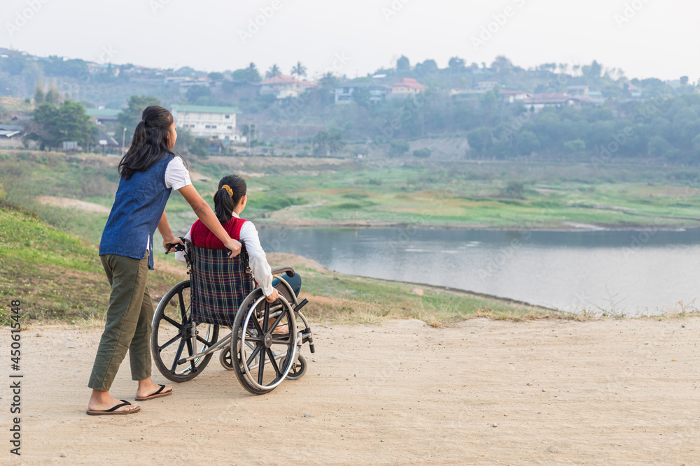 Disabled handicapped woman in wheelchair walking with his care helper in park. Disabled handicapped woman in wheelchair walking with his care helper in park.
