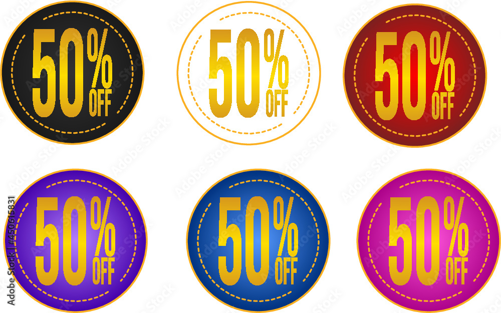 Set of 50%off discount tags, with black, white, blue, red, pink and purple backgrounds, with gold details and letters.