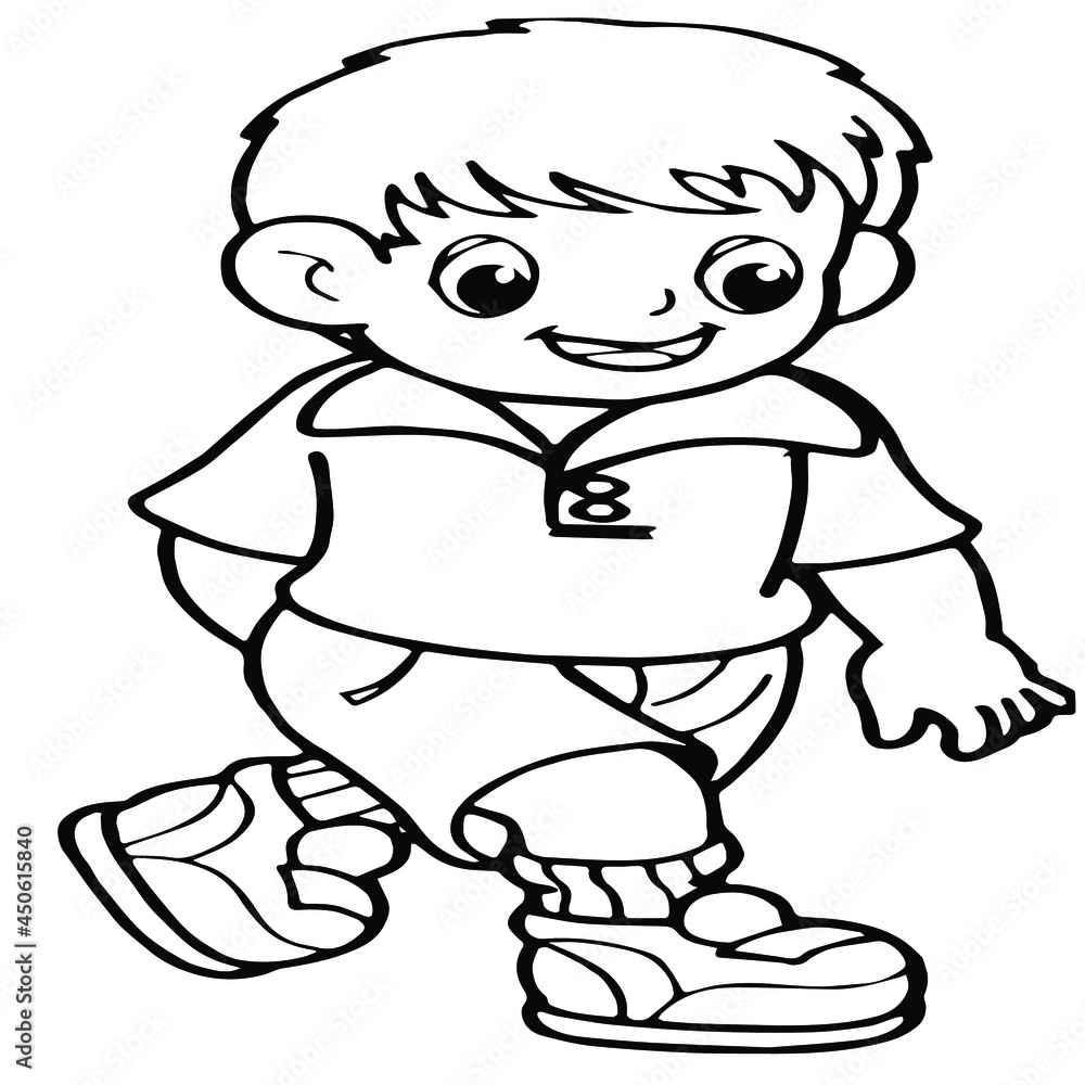 Black and white cute cartoon boy walking and smiling happily. Coloring book for the children. Vector illustration