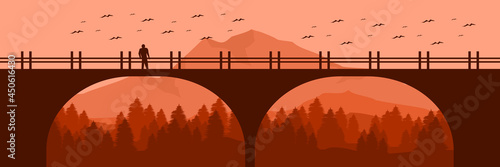 bridge on the mountain landscape vector flat design illustration good for wallpaper, background, design template, backdrop template, and tourism design template