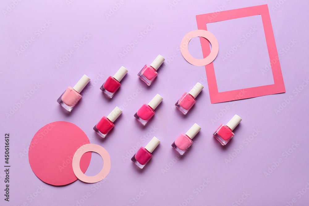 Bottles with bright nail polishes on color background Bottles with bright nail polishes on color background