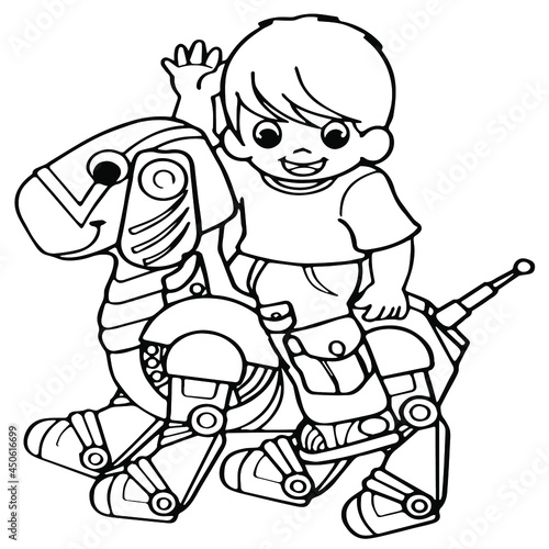 Black and white cute cartoonboy riding a horse made of toys. Coloring book for the children. Vector illustration