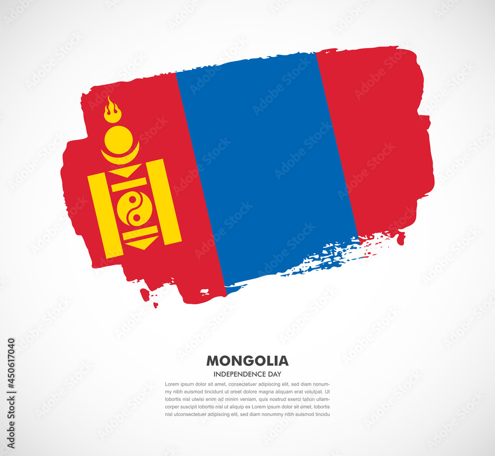 Obraz premium Hand drawn brush flag of Mongolia on white background. Independence day of Mongolia brush illustration