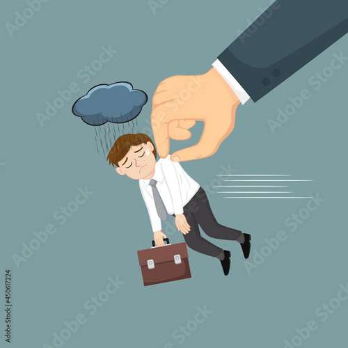 Big hand dropping off a businessman with briefcase, Boss kicked out employee office image, illustration vector cartoon