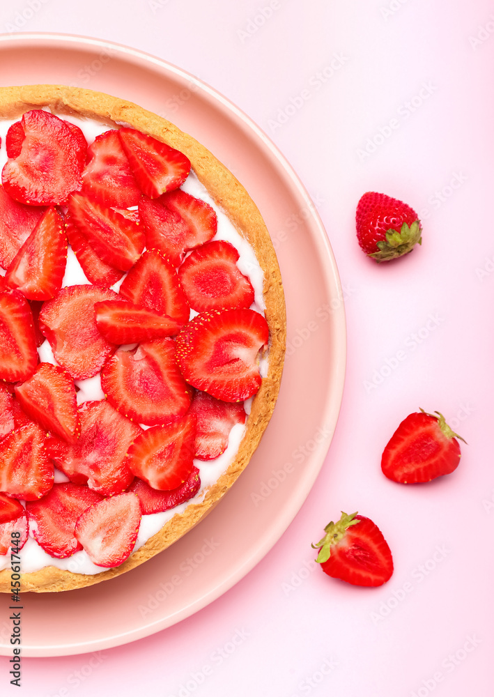 Plate with tasty strawberry pie on color background, closeup Plate with tasty strawberry pie on color background, closeup