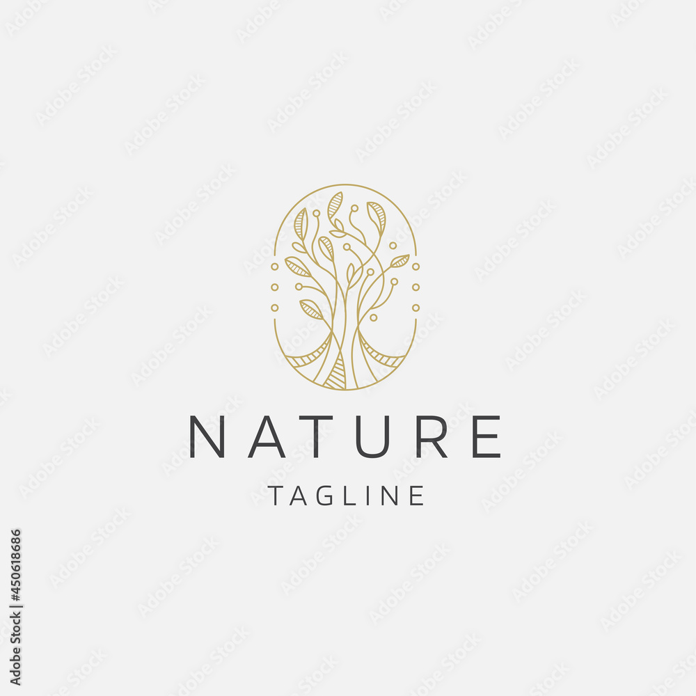 Natural tree flower elegant gold color line art logo icon design template flat vector illustration