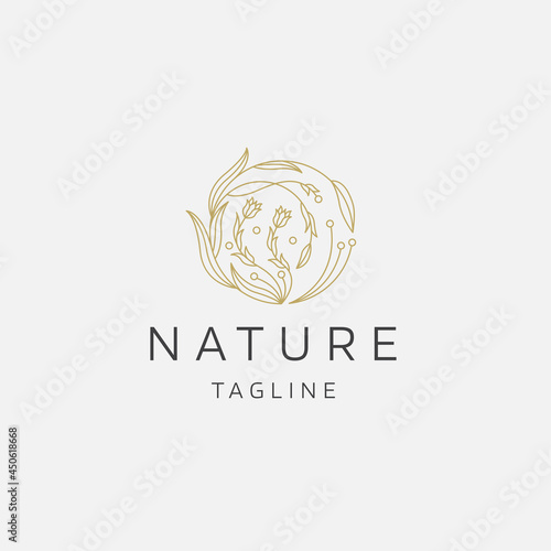 Natural tree flower elegant gold color line art logo icon design template flat vector illustration