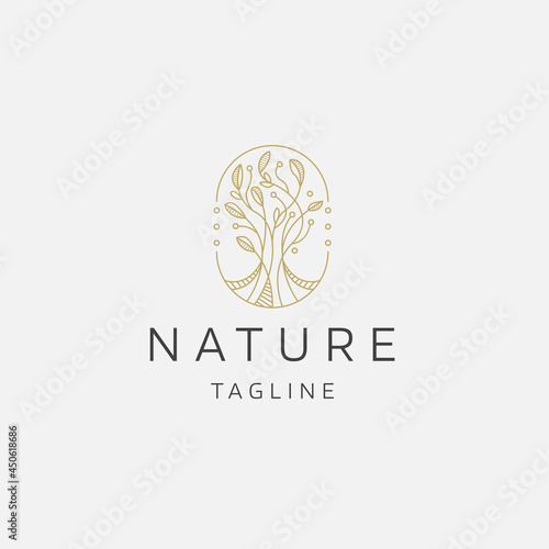 Natural tree flower elegant gold color line art logo icon design template flat vector illustration