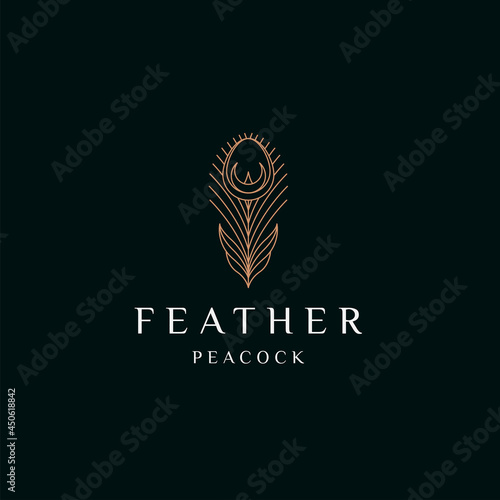 Peacock feather elegant gold logo icon design template flat vector illustration