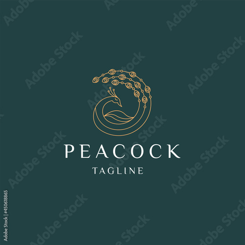 Peacock line art elegant gold color logo icon design template flat vector illustration