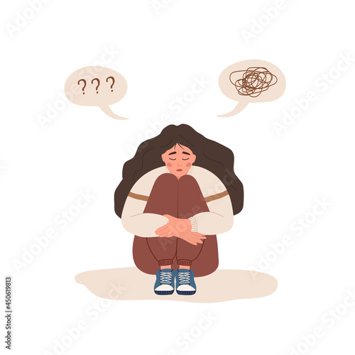 Mental health concept. Lonely woman sitting on floor and hugging knees. Depressed teenager needs psychological help. Mood disorder. Vector illustration in cartoon style.