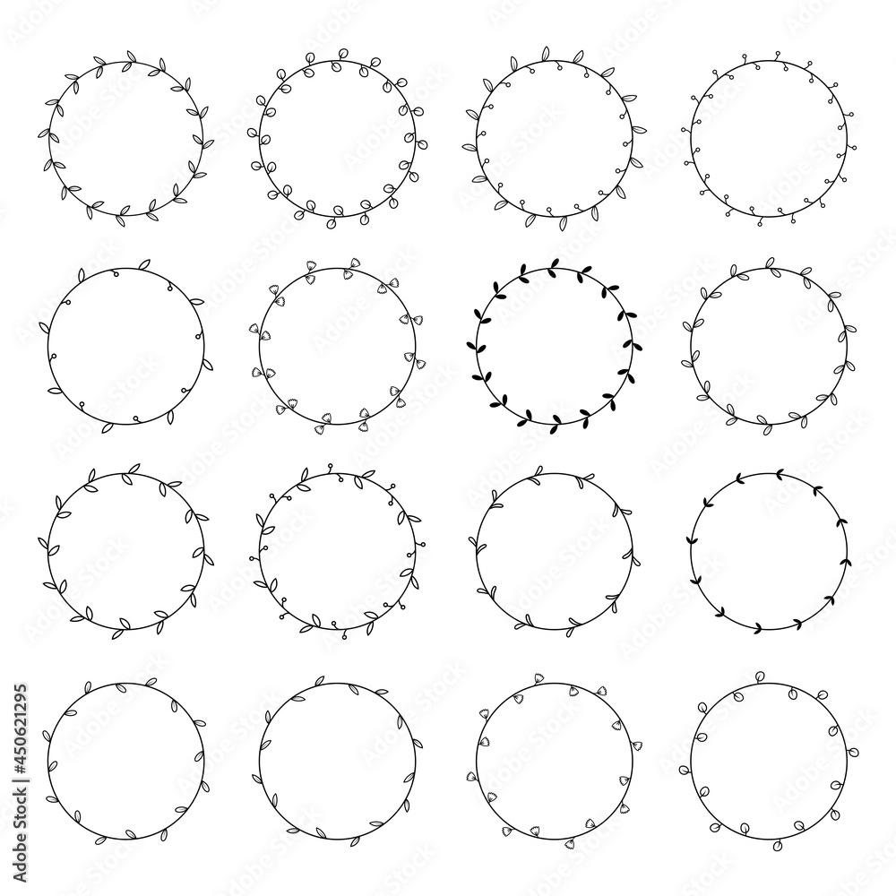 Floral wreath with leaves hand drawn round frames. Wedding wreath decorative leaves elements vintage. Floral wreath with leaves hand drawn round frames. Wedding wreath decorative leaves elements vintage.