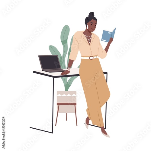 Woman reading book at office desk. Happy reader studying professional business literature. Modern African American businesswoman learning. Flat vector illustration isolated on white background photo