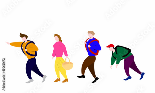 set of people walking for recreation, one woman and four men going for recreation . Flat vector illustration isolated on a white background