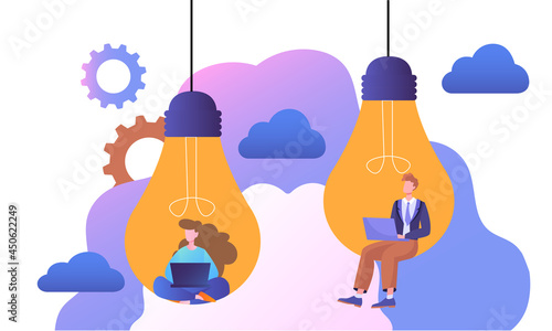 Male and female characters are sitting in lightbulbs with laptops. Abstract concept of creativity, writing, blogging, copywriting, creative person. Flat cartoon vector illustration