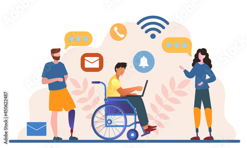 Male and female disabled people are working together in the office. Concept of world disability day, handicapped persons. People with disabilities at workplace. Flat cartoon vector illustration