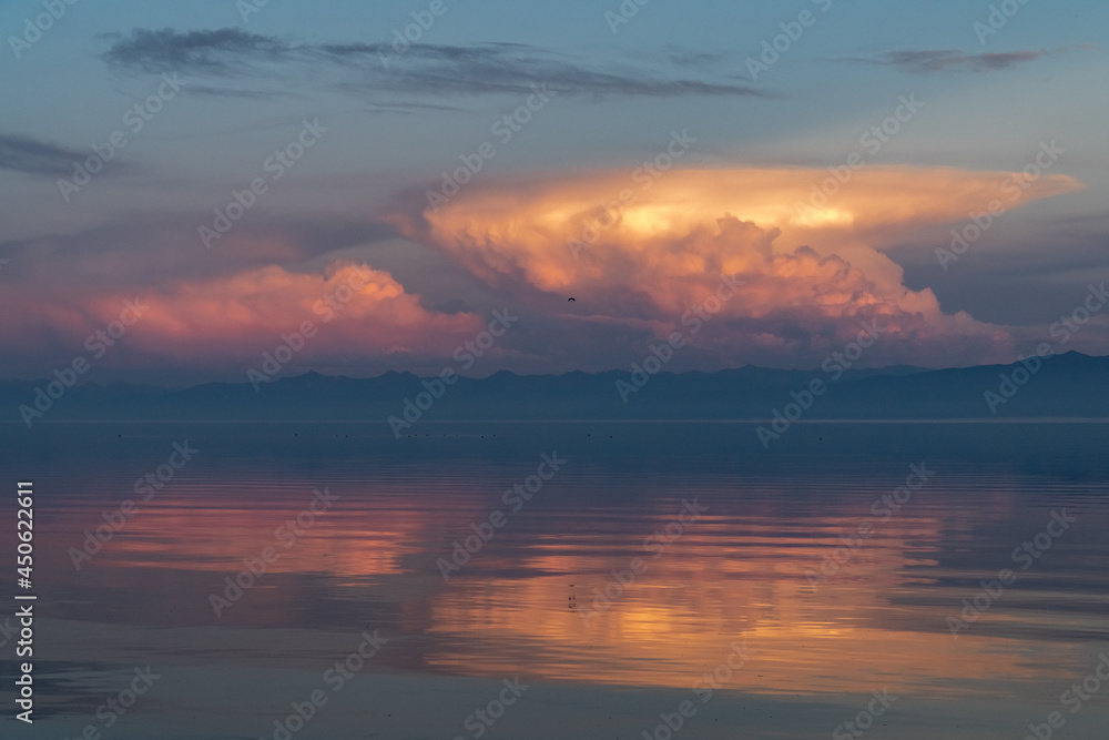 Red clouds at sunset over Lake Baikal
