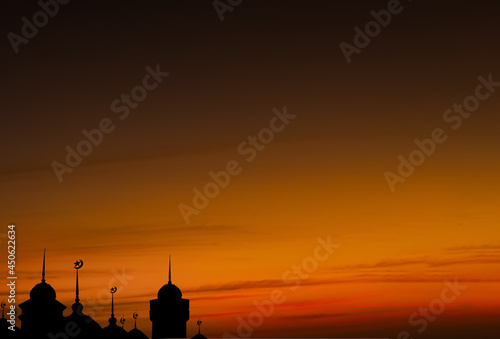 Ramadan kareem religion symbols. Mosques Dome in twilight night dark black background. for eid al-fitr, arabic, Eid al-adha, new year muharram concept.