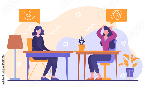 Female psychotherapist on the individual session with her patient and sees positive results. Happy woman is talking to her psychotherapist. Flat cartoon vector illustration