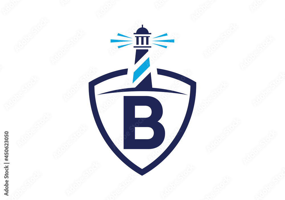Initial B monogram alphabet in a shield with the lighthouse. Harbor logo. Font emblem. Modern vector lighthouse logo for business, organization, or website Initial B monogram alphabet in a shield with the lighthouse. Harbor logo. Font emblem. Modern vector lighthouse logo for business, organization, or website