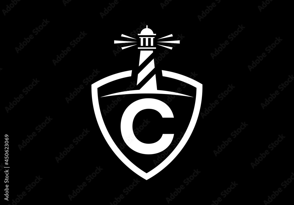 Initial C monogram alphabet in a shield with the lighthouse. Harbor logo. Font emblem. Modern vector lighthouse logo for business, organization, or website Initial C monogram alphabet in a shield with the lighthouse. Harbor logo. Font emblem. Modern vector lighthouse logo for business, organization, or website
