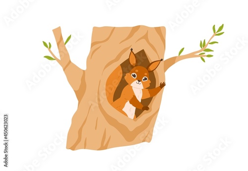 Cute squirrel in tree hole, waving with paw, gesturing hi. Happy animal inside hollow in trunk. Small adorable rodent in forest home. Flat vector illustration isolated on white background