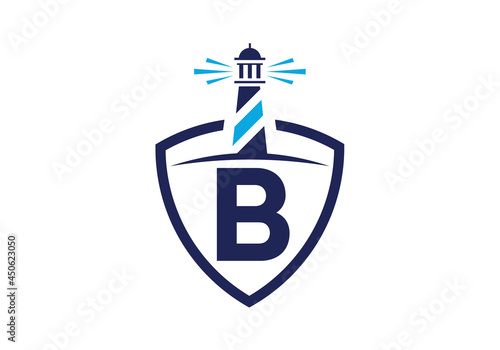Initial B monogram alphabet in a shield with the lighthouse. Harbor logo. Font emblem. Modern vector lighthouse logo for business, organization, or website